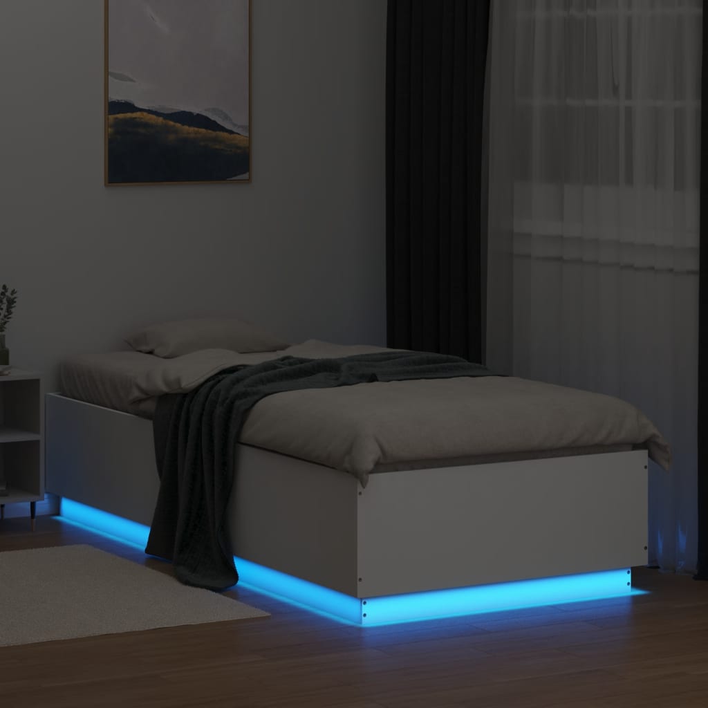 vidaXL Cadru de pat cu lumini LED, alb, 90x200 cm, lemn prelucrat vidaXL Cadru de pat cu lumini LED, alb, 90x200 cm, lemn prelucrat