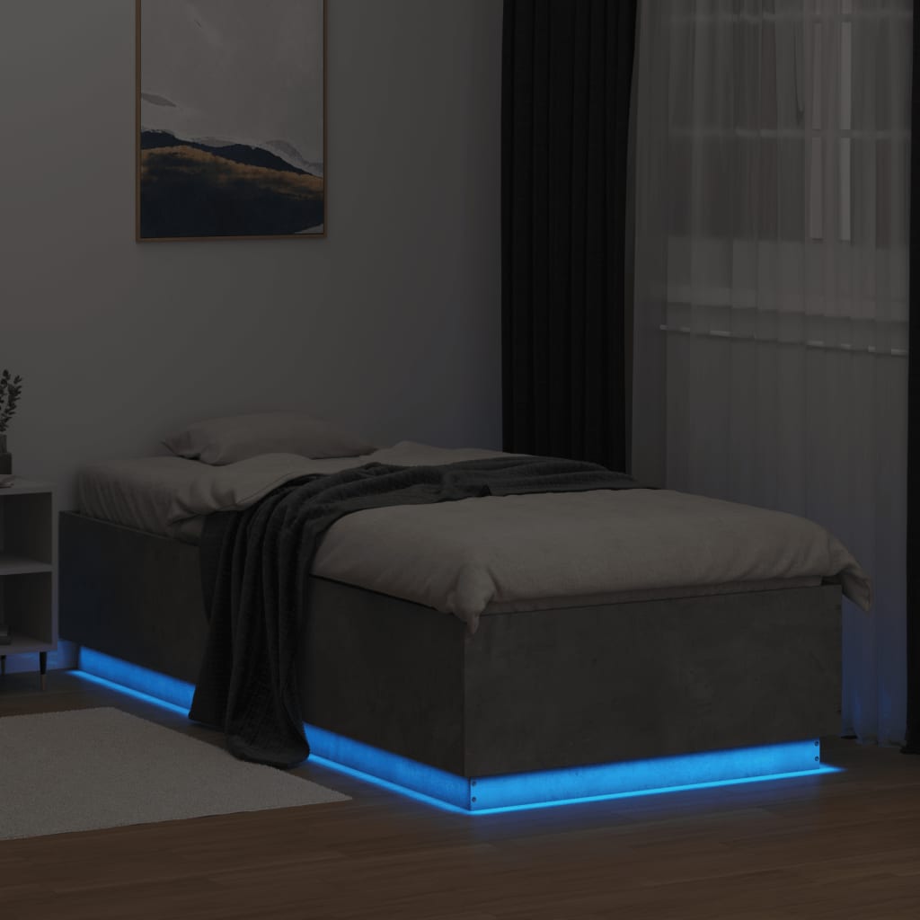 vidaXL Cadru de pat cu lumini LED, gri beton, 90x200 cm lemn prelucrat