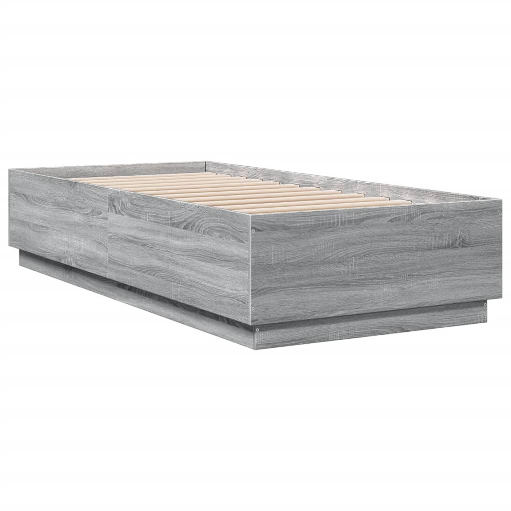 vidaXL Cadru de pat cu lumini LED gri sonoma 90x200 cm, lemn prelucrat vidaXL Cadru de pat cu lumini LED gri sonoma 90x200 cm, lemn prelucrat