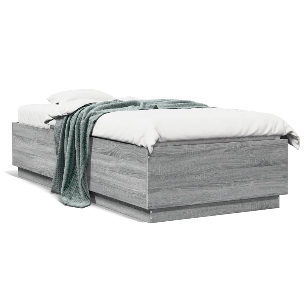 vidaXL Cadru de pat cu lumini LED gri sonoma 90x200 cm, lemn prelucrat vidaXL Cadru de pat cu lumini LED gri sonoma 90x200 cm, lemn prelucrat