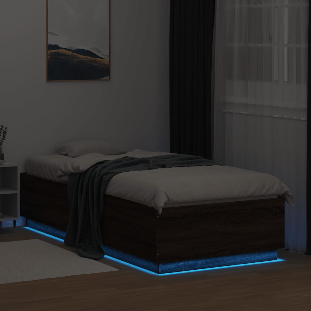 vidaXL Cadru de pat cu lumini LED stejar maro 90x200 cm lemn prelucrat vidaXL Cadru de pat cu lumini LED stejar maro 90x200 cm lemn prelucrat
