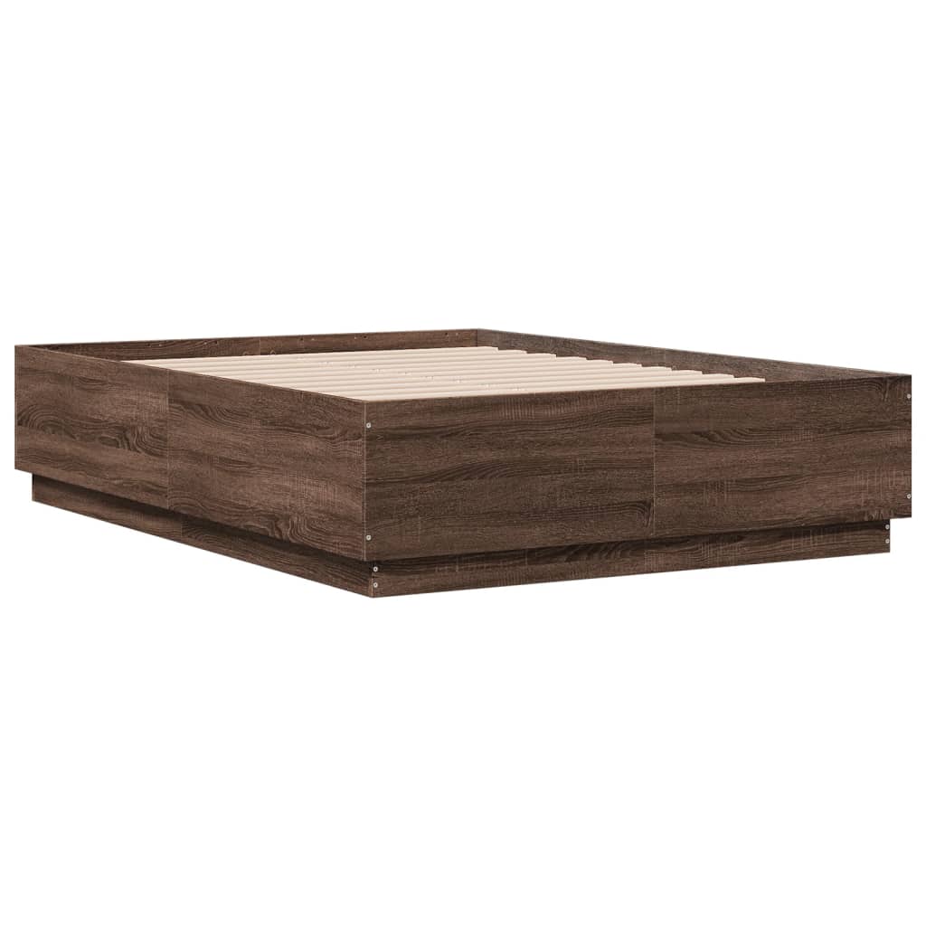 vidaXL Cadru de pat cu lumini LED stejar maro 140x190cm lemn prelucrat