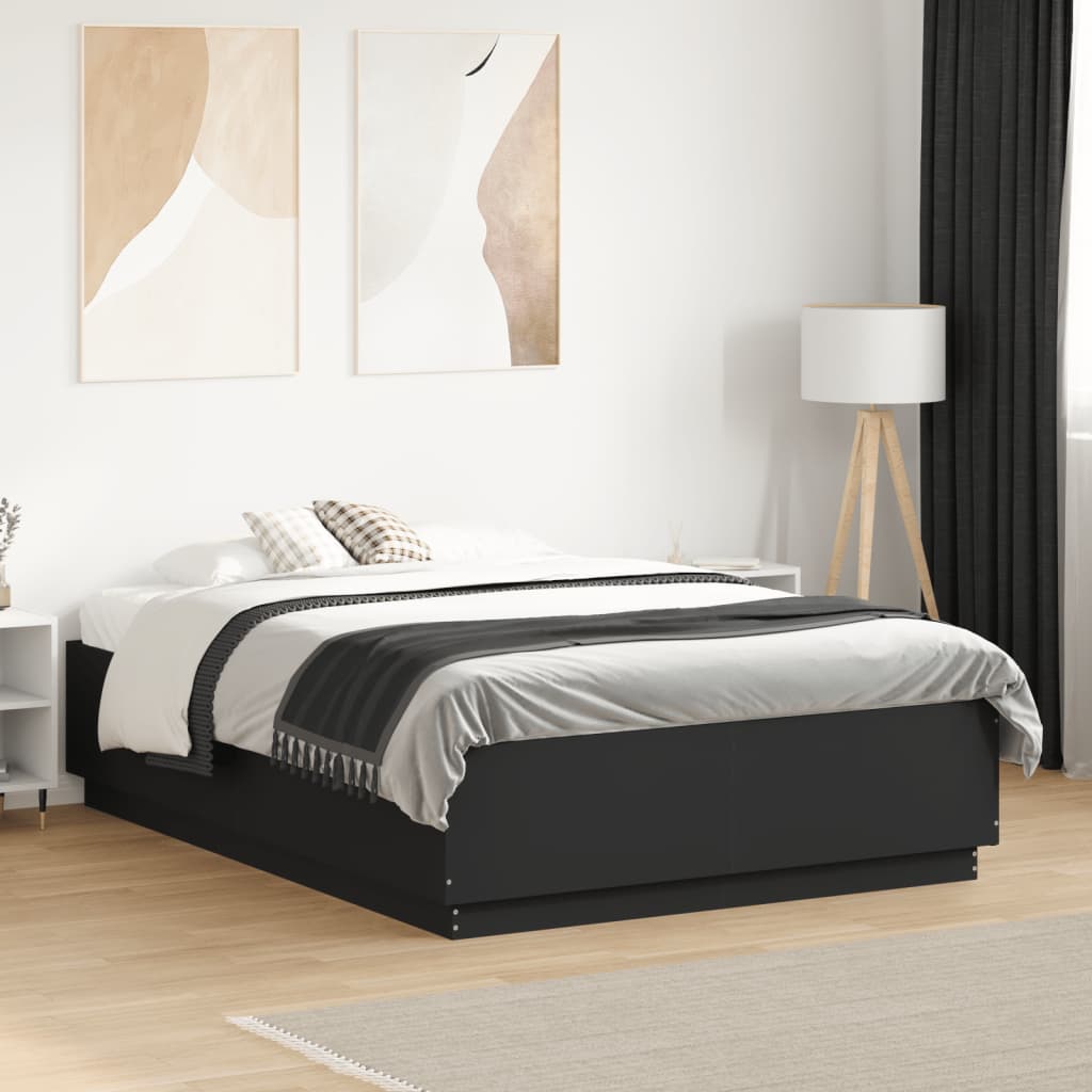 vidaXL Cadru de pat cu lumini LED, negru, 135x190 cm, lemn prelucrat vidaXL Cadru de pat cu lumini LED, negru, 135x190 cm, lemn prelucrat