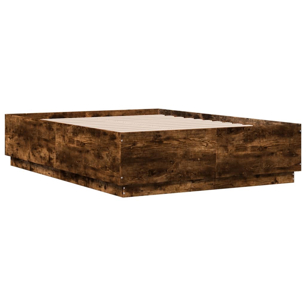 vidaXL Cadru de pat cu LED stejar fumuriu 135x190 cm lemn prelucrat