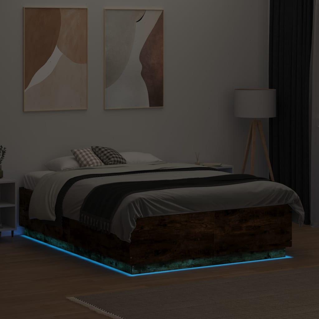 vidaXL Cadru de pat cu LED stejar fumuriu 135x190 cm lemn prelucrat