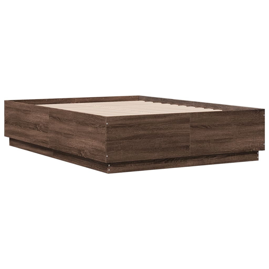 vidaXL Cadru de pat cu LED, stejar maro, 135x190 cm, lemn prelucrat vidaXL Cadru de pat cu LED, stejar maro, 135x190 cm, lemn prelucrat