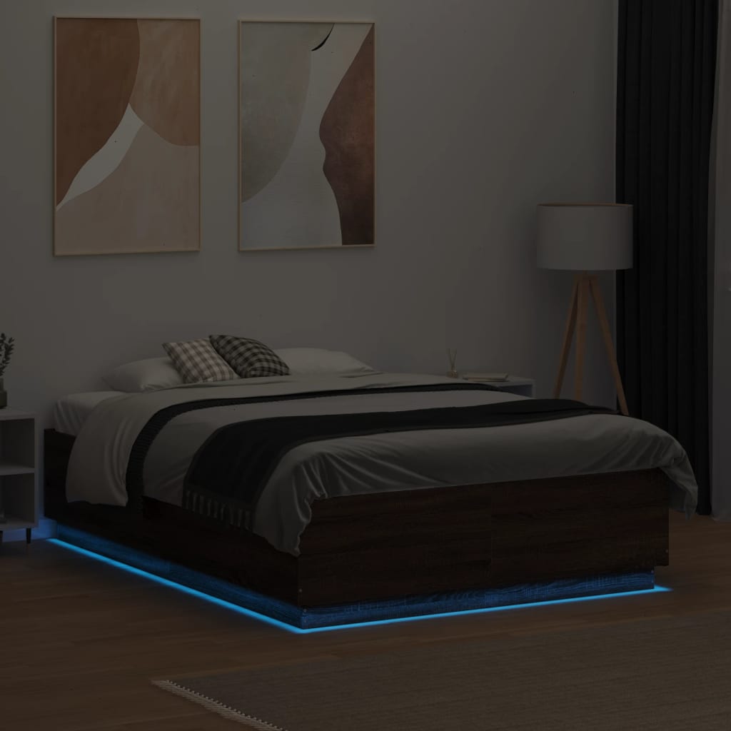 vidaXL Cadru de pat cu LED, stejar maro, 135x190 cm, lemn prelucrat vidaXL Cadru de pat cu LED, stejar maro, 135x190 cm, lemn prelucrat