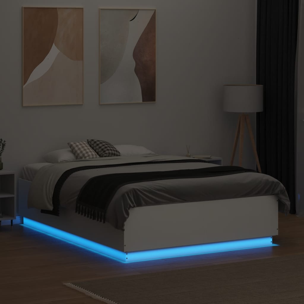 vidaXL Cadru de pat cu lumini LED, alb, 120x190 cm, lemn prelucrat vidaXL Cadru de pat cu lumini LED, alb, 120x190 cm, lemn prelucrat