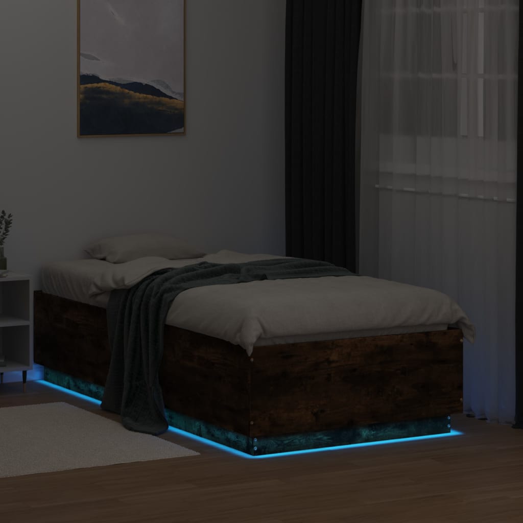 vidaXL Cadru de pat cu LED, stejar fumuriu, 90x190 cm, lemn prelucrat