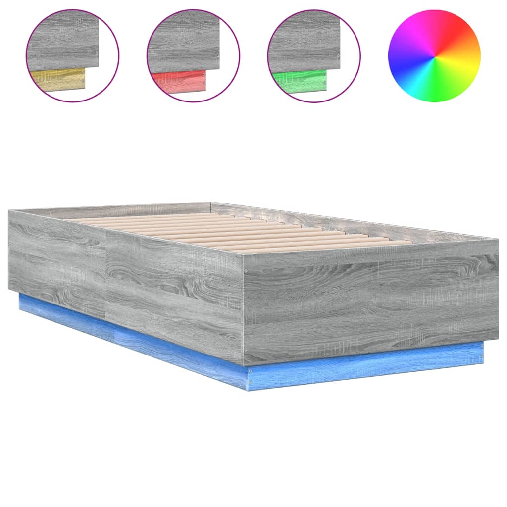 vidaXL Cadru de pat cu LED, gri sonoma, 90x190 cm, lemn prelucrat