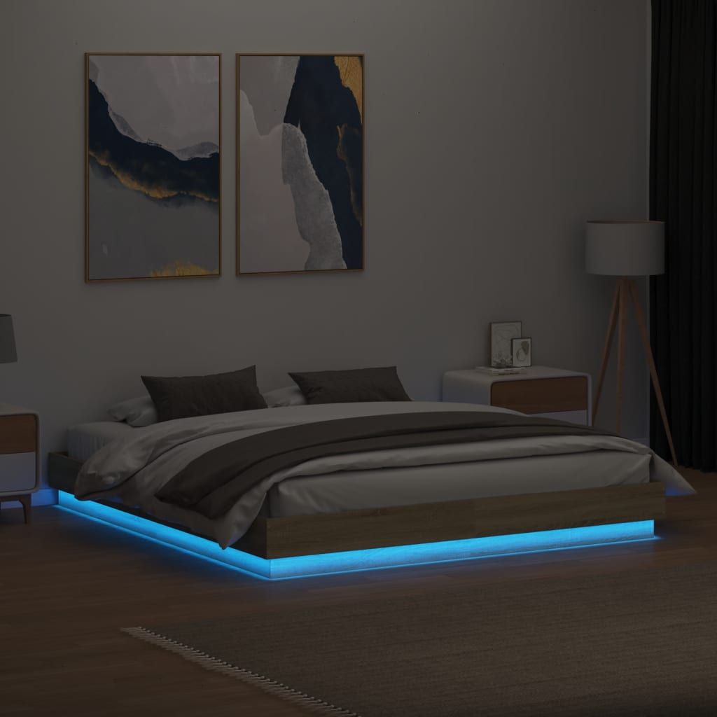 vidaXL Cadru de pat cu lumini LED, stejar sonoma, 200x200 cm