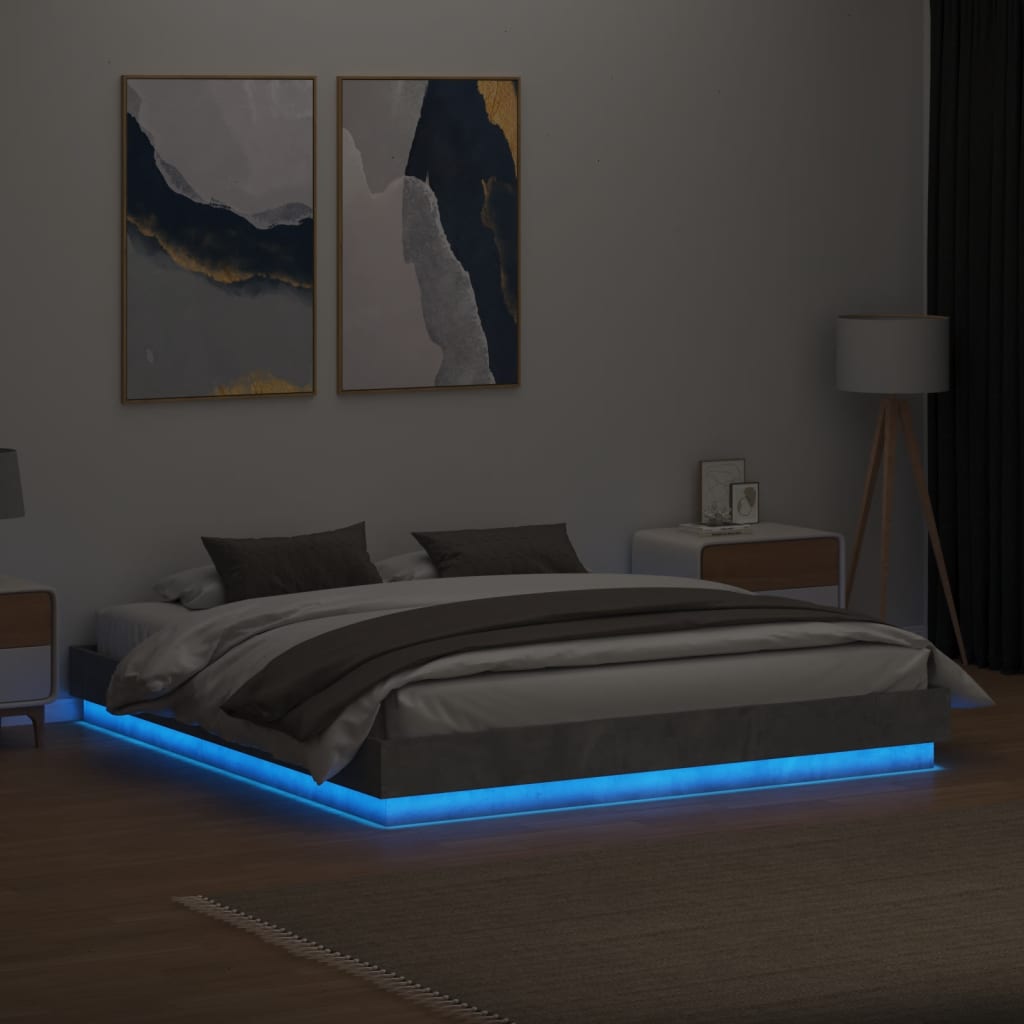 vidaXL Cadru de pat cu lumini LED, gri beton, 200x200 cm