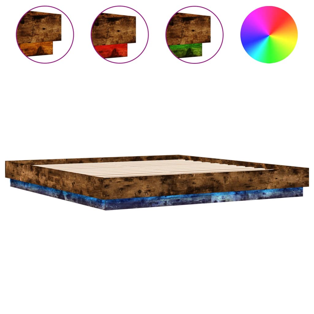 vidaXL Cadru de pat cu lumini LED, stejar fumuriu, 200x200 cm vidaXL Cadru de pat cu lumini LED, stejar fumuriu, 200x200 cm