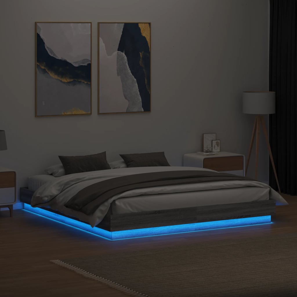 vidaXL Cadru de pat cu lumini LED, gri sonoma, 200x200 cm