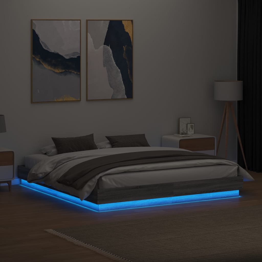 vidaXL Cadru de pat cu lumini LED, gri sonoma, 180x200 cm