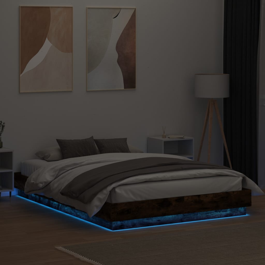 vidaXL Cadru de pat cu lumini LED, stejar fumuriu, 160x200 cm vidaXL Cadru de pat cu lumini LED, stejar fumuriu, 160x200 cm