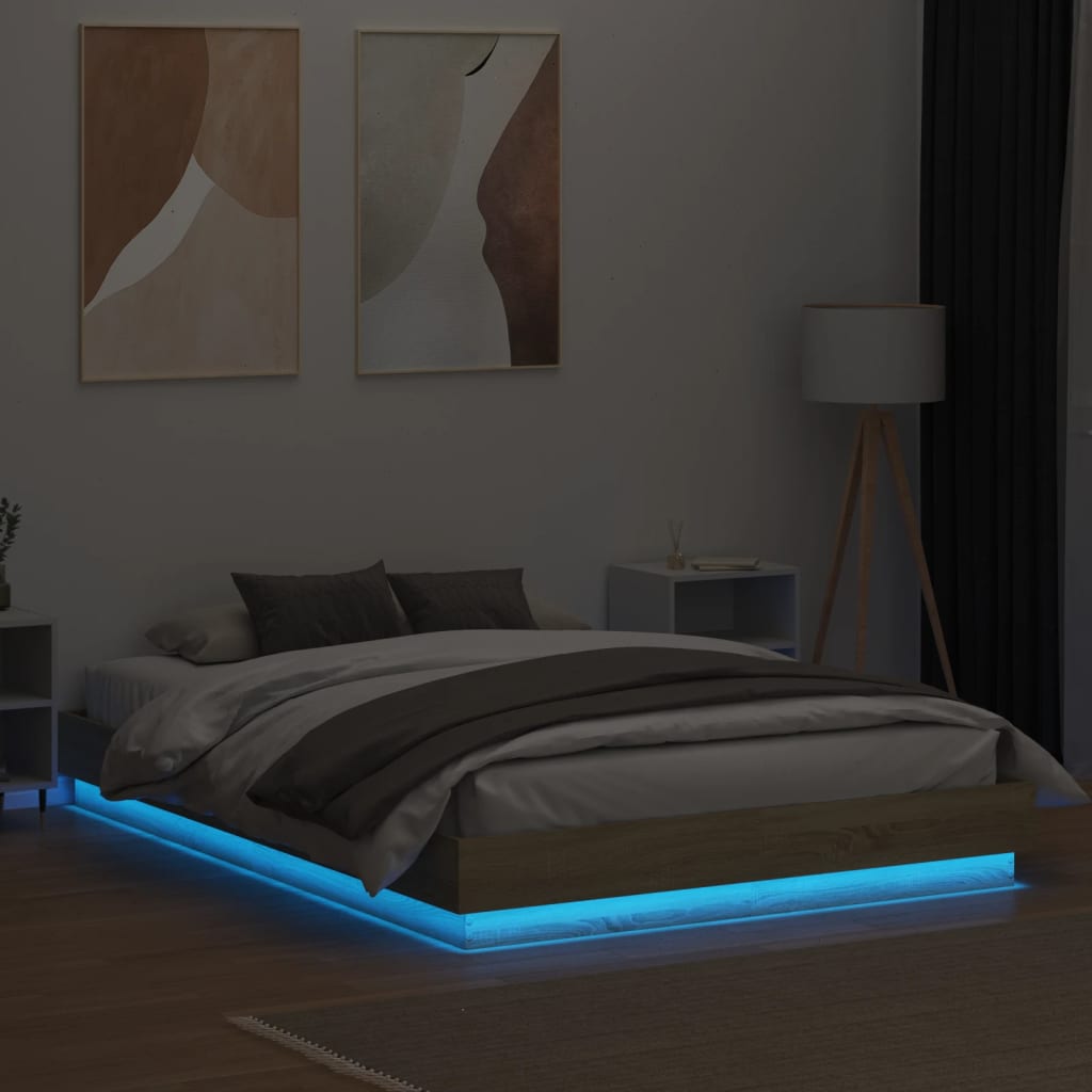 vidaXL Cadru de pat cu lumini LED, stejar sonoma, 120x200 cm
