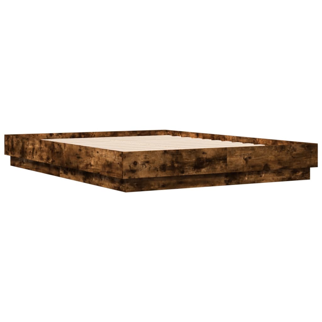 vidaXL Cadru de pat cu lumini LED, stejar fumuriu, 135x190 cm