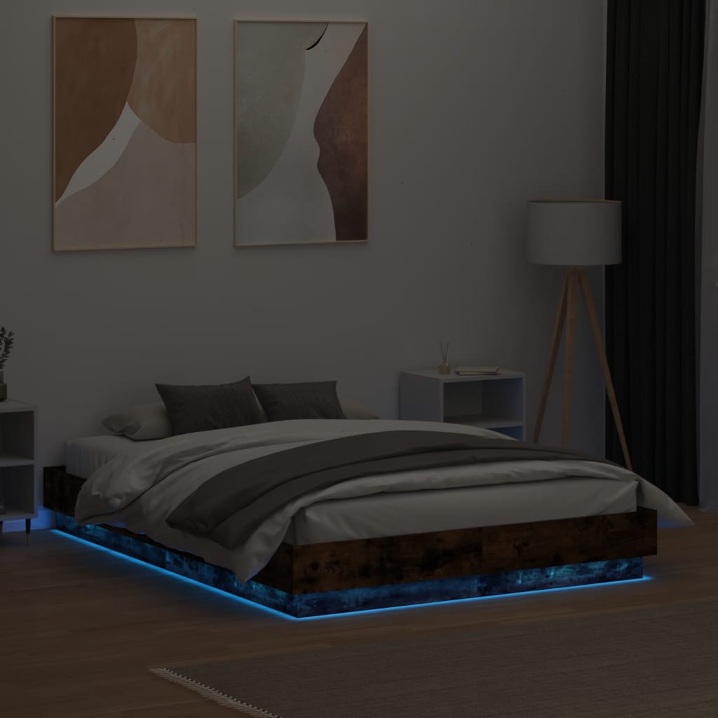 vidaXL Cadru de pat cu lumini LED, stejar fumuriu, 135x190 cm