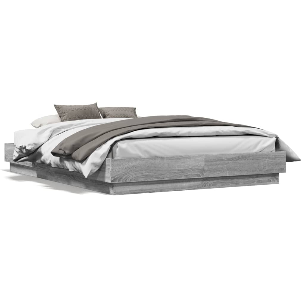 vidaXL Cadru de pat cu lumini LED, sonoma gri, 135x190 cm