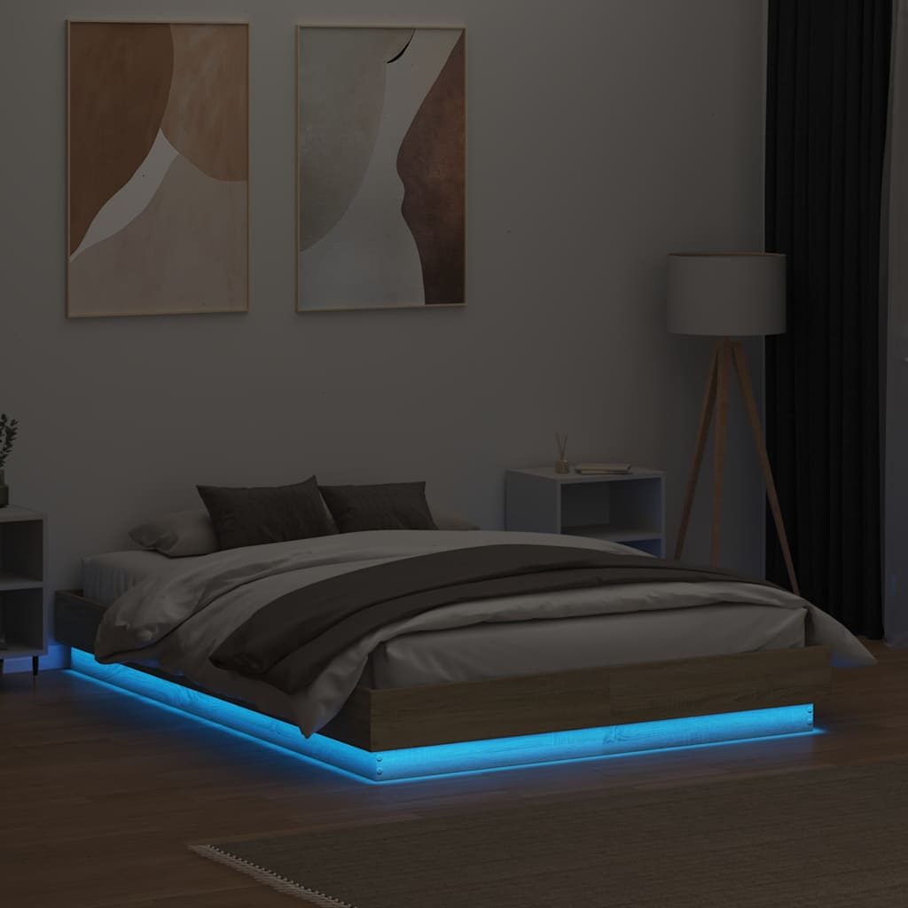 vidaXL Cadru de pat cu lumini LED, stejar sonoma, 120x190 cm