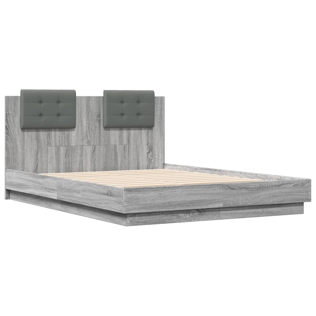 vidaXL Cadru de pat cu tăblie, gri sonoma, 135x190 cm, lemn prelucrat vidaXL Cadru de pat cu tăblie, gri sonoma, 135x190 cm, lemn prelucrat