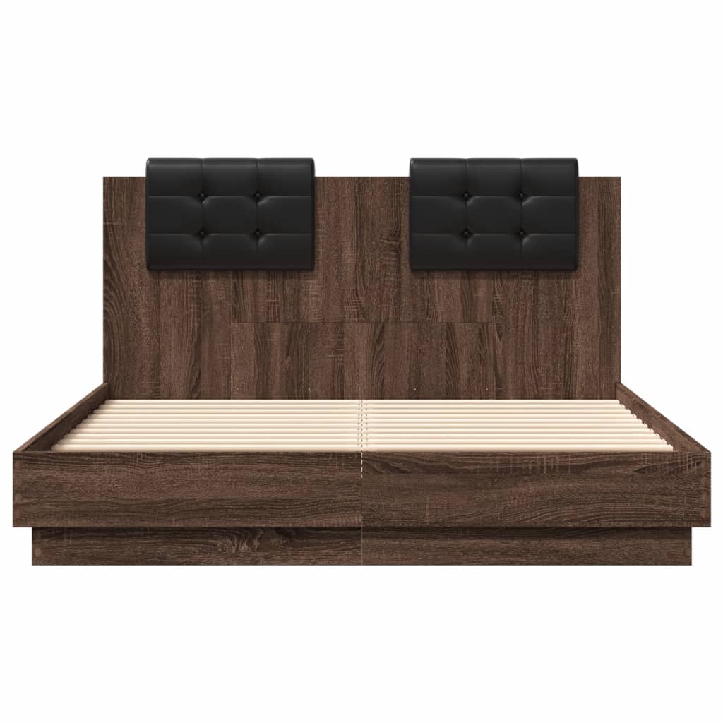 vidaXL Cadru de pat cu tăblie, stejar maro, 135x190 cm, lemn prelucrat vidaXL Cadru de pat cu tăblie, stejar maro, 135x190 cm, lemn prelucrat