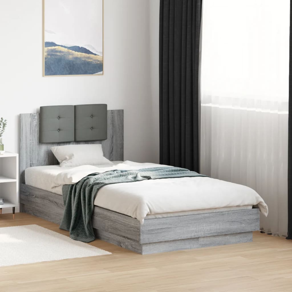 vidaXL Cadru de pat cu tăblie, gri sonoma, 90x190 cm, lemn prelucrat vidaXL Cadru de pat cu tăblie, gri sonoma, 90x190 cm, lemn prelucrat