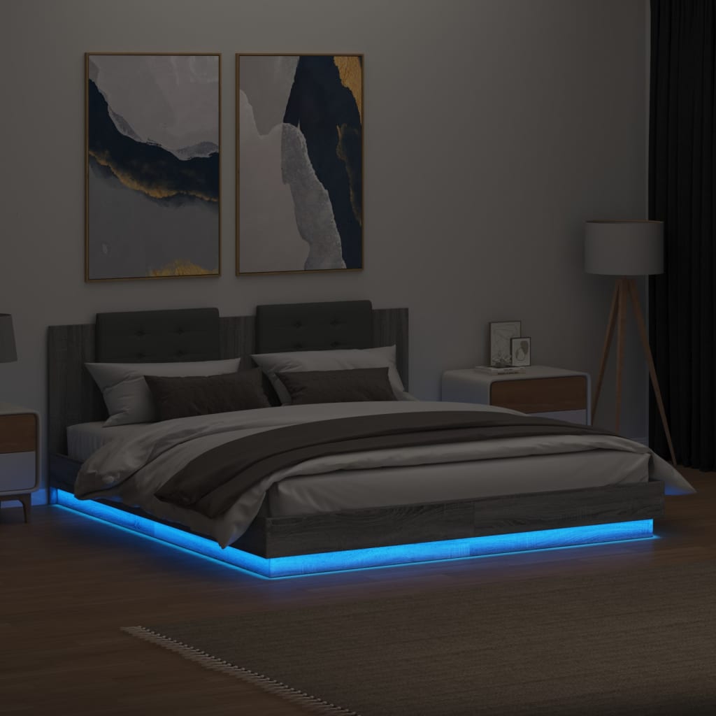 vidaXL Cadru de pat cu tăblie și lumini LED, gri sonoma, 200x200 cm