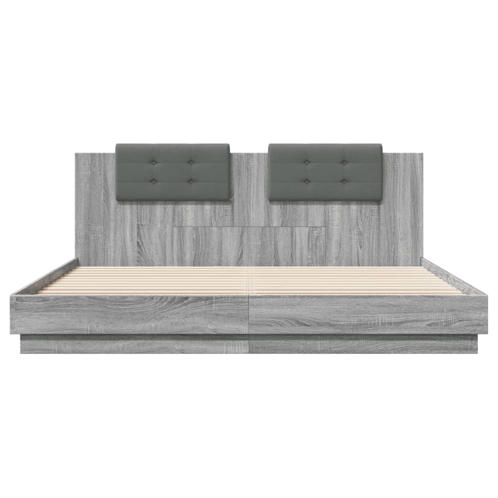 vidaXL Cadru de pat cu tăblie și lumini LED, gri sonoma, 200x200 cm