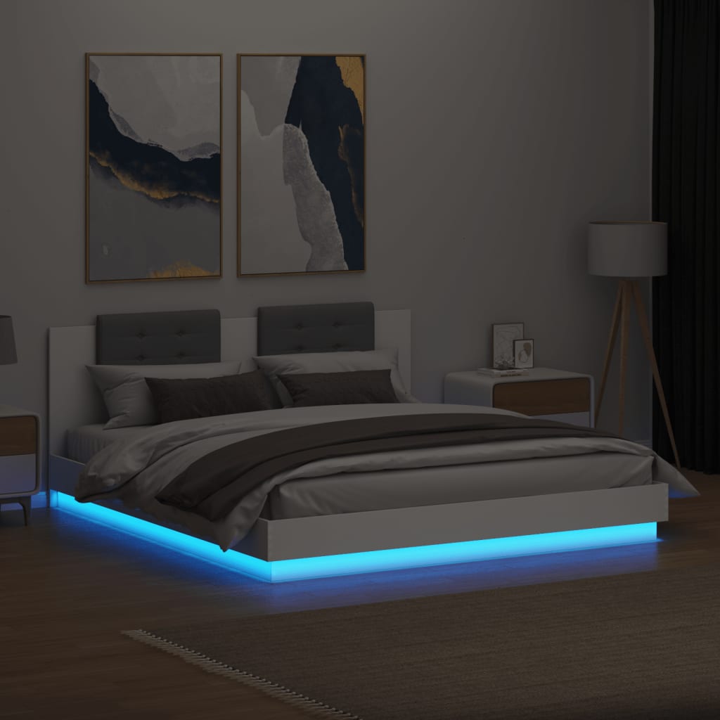 vidaXL Cadru de pat cu tăblie și lumini LED, alb, 180x200 cm