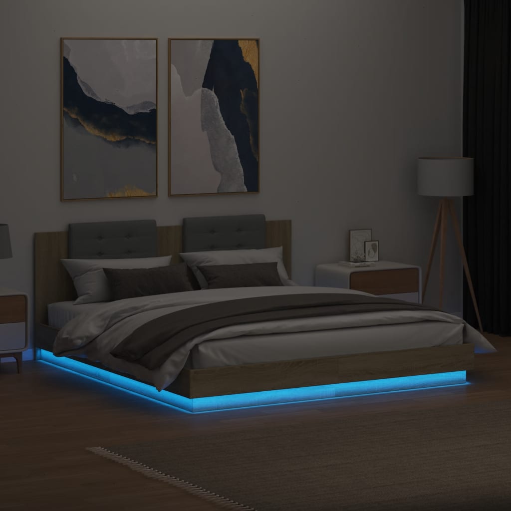vidaXL Cadru de pat cu tăblie și lumini LED, stejar sonoma, 180x200 cm