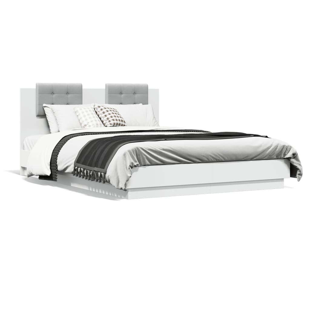 vidaXL Cadru de pat cu tăblie și lumini LED, alb, 150x200 cm