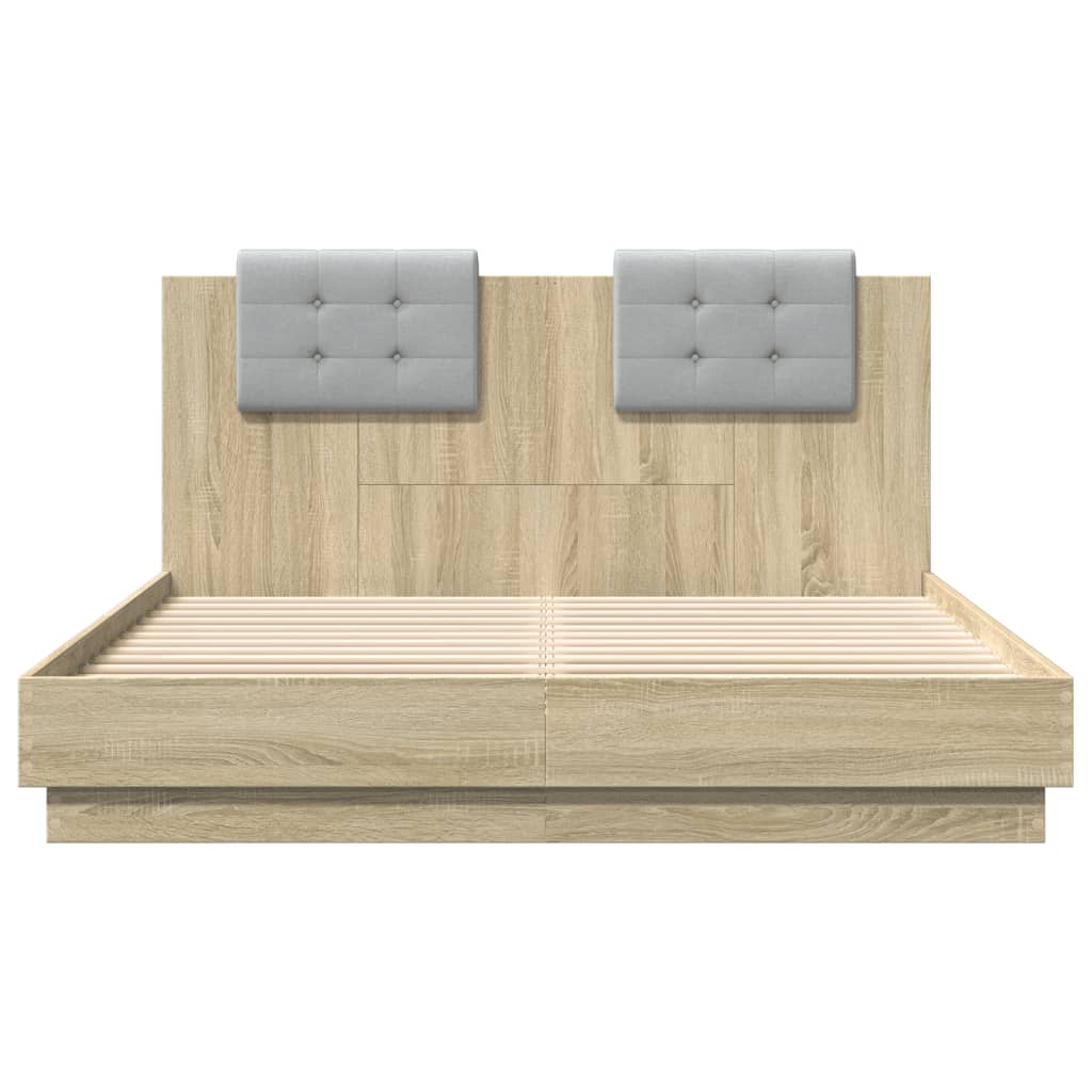 vidaXL Cadru de pat cu tăblie și lumini LED, stejar sonoma, 150x200 cm