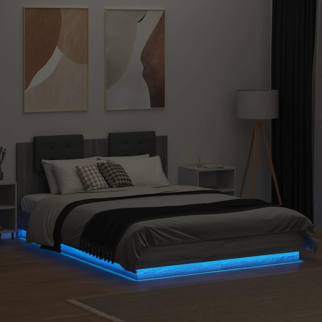 vidaXL Cadru de pat cu tăblie și lumini LED, gri sonoma, 150x200 cm