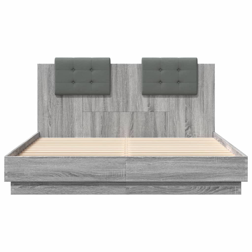 vidaXL Cadru de pat cu tăblie și lumini LED, gri sonoma, 150x200 cm