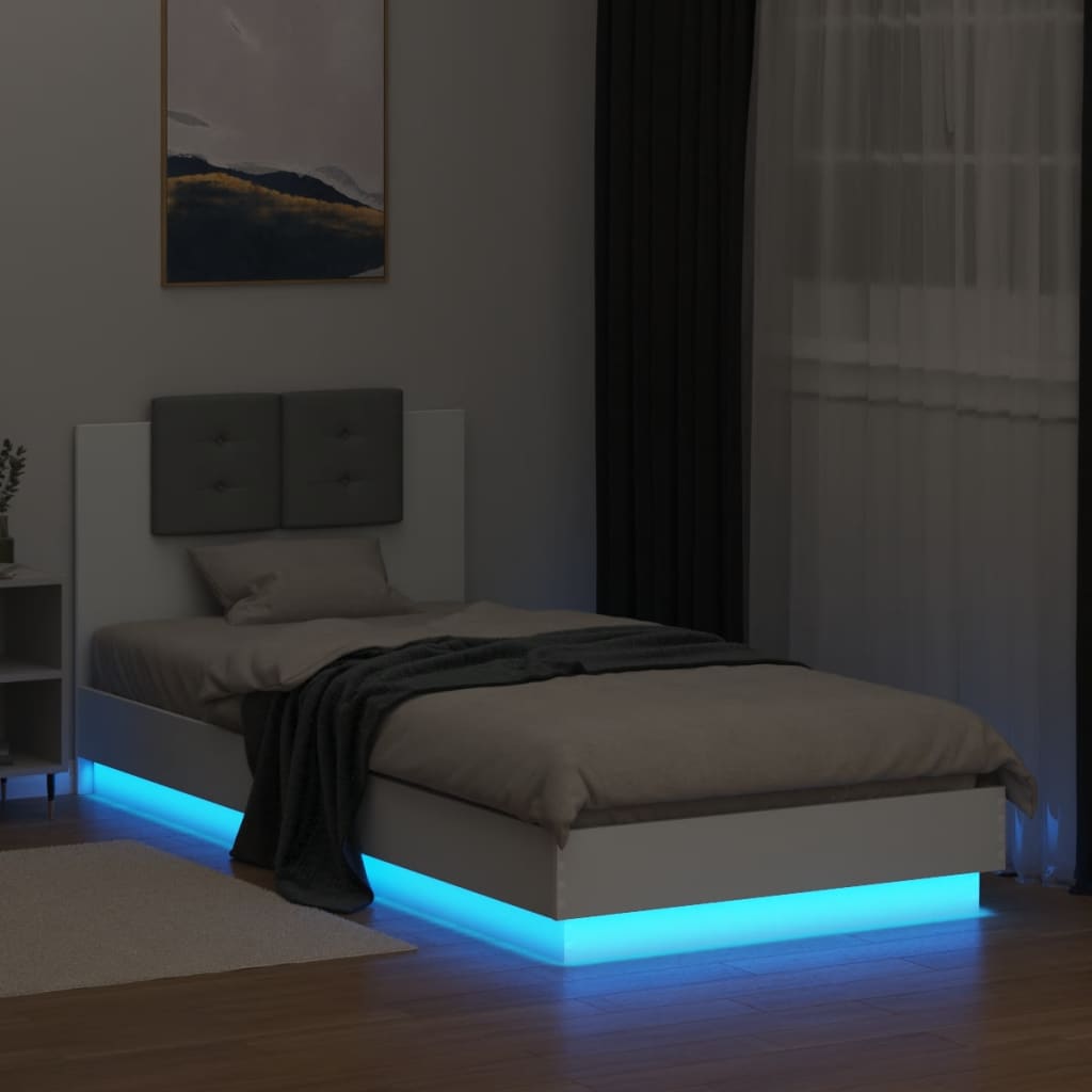 vidaXL Cadru de pat cu tăblie și lumini LED, alb, 100x200 cm