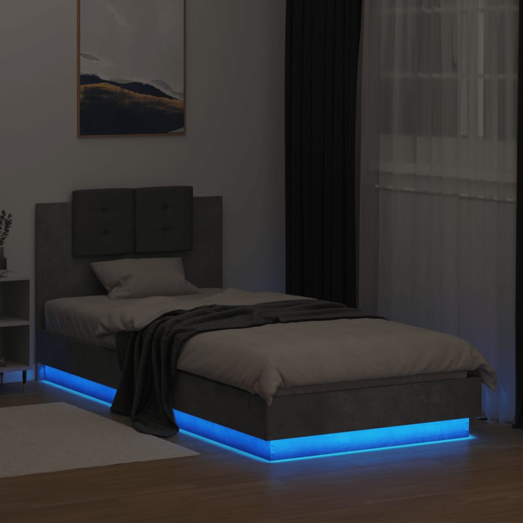 vidaXL Cadru de pat cu tăblie și lumini LED, gri beton, 100x200 cm