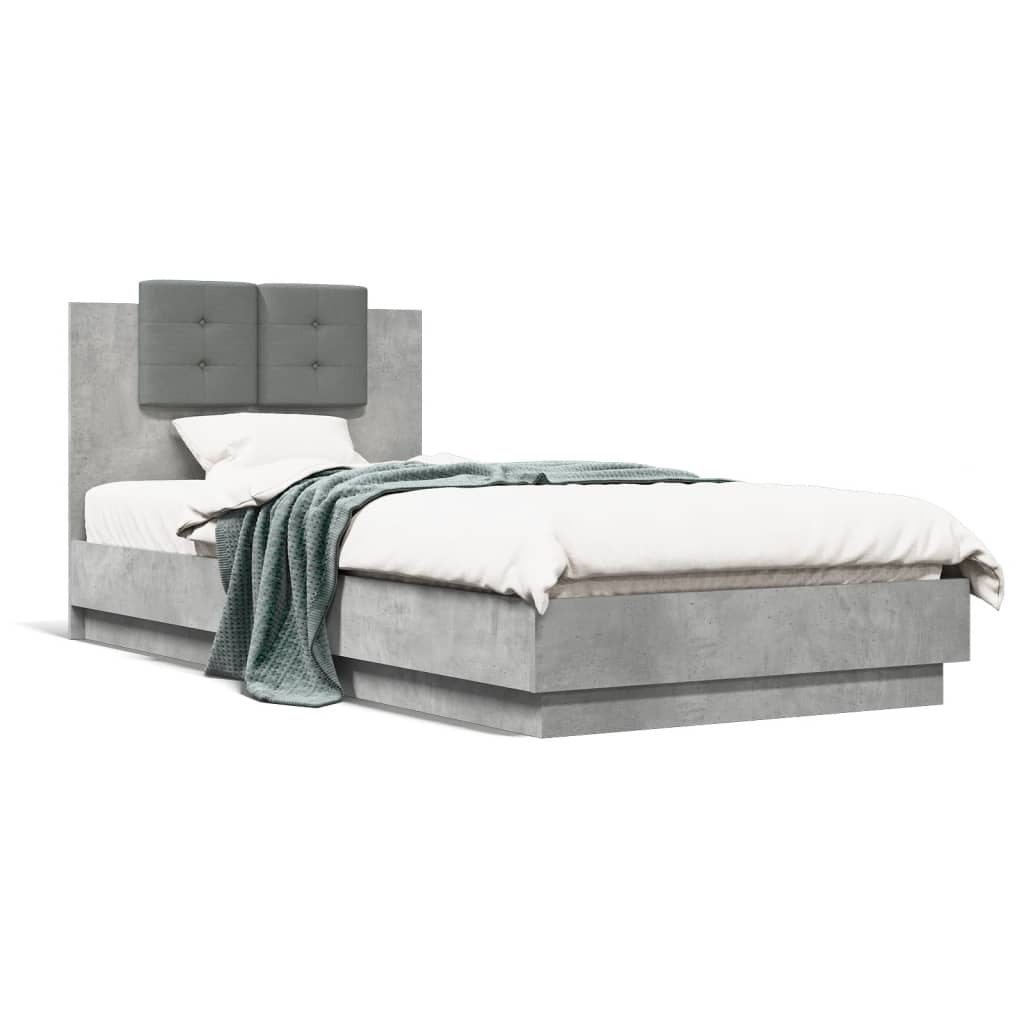 vidaXL Cadru de pat cu tăblie și lumini LED, gri beton, 100x200 cm