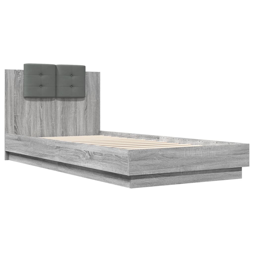 vidaXL Cadru de pat cu tăblie și lumini LED, gri sonoma, 100x200 cm