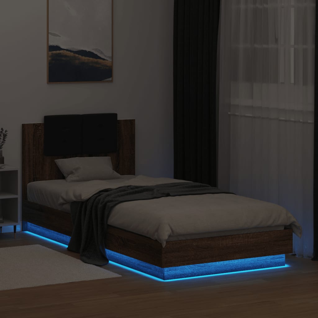 vidaXL Cadru de pat cu tăblie și lumini LED, stejar maro, 100x200 cm