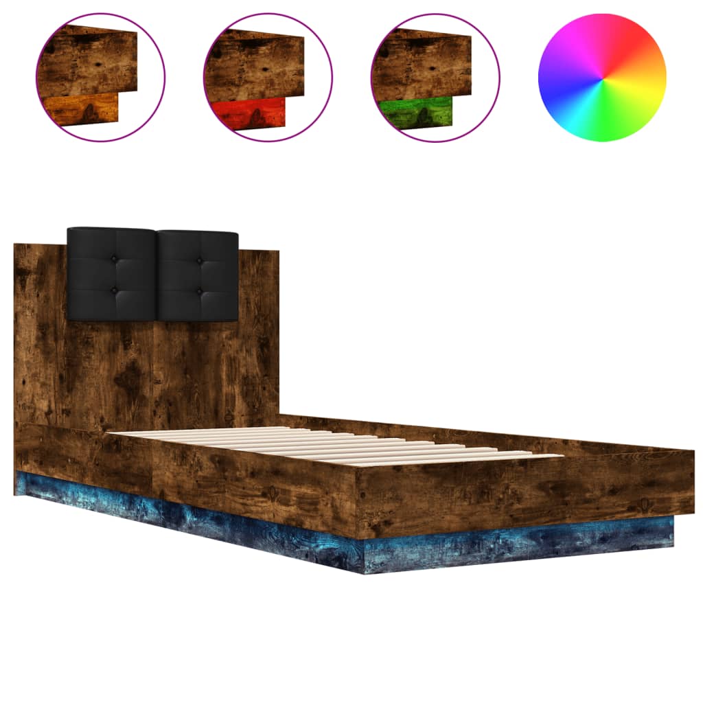 vidaXL Cadru de pat cu tăblie și LED, stejar fumuriu, 90x200 cm vidaXL Cadru de pat cu tăblie și LED, stejar fumuriu, 90x200 cm