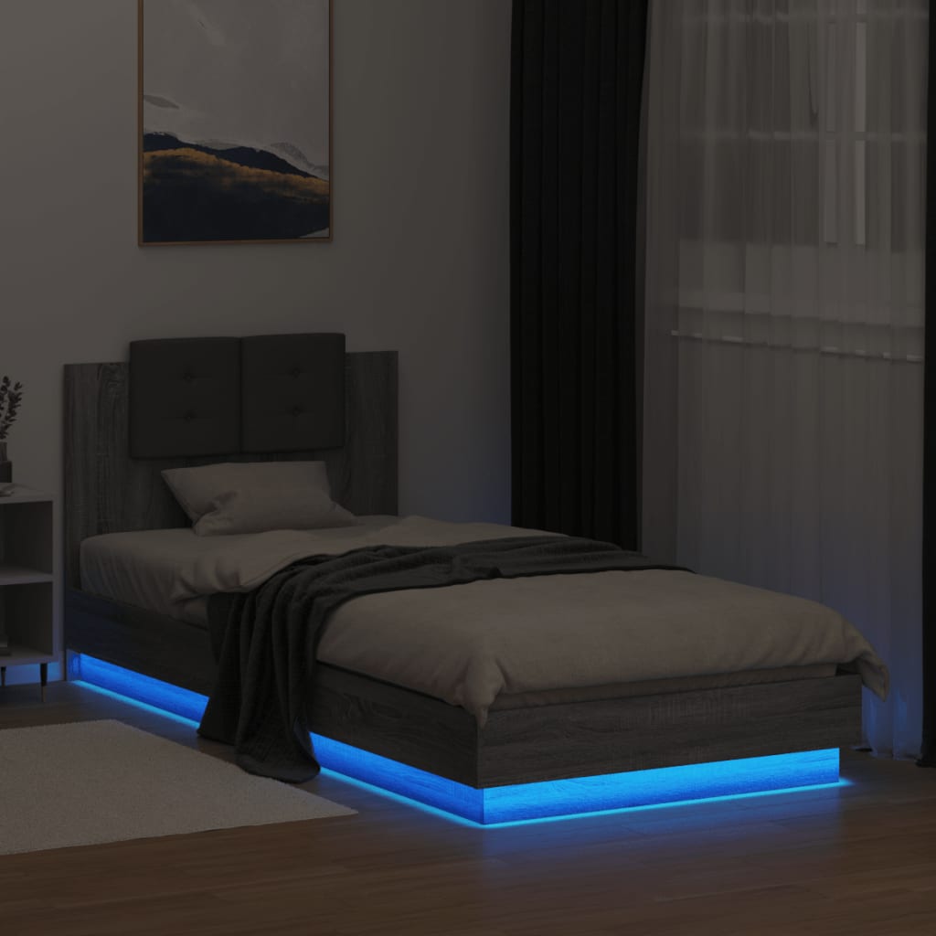 vidaXL Cadru de pat cu tăblie și lumini LED, gri sonoma, 90x200 cm
