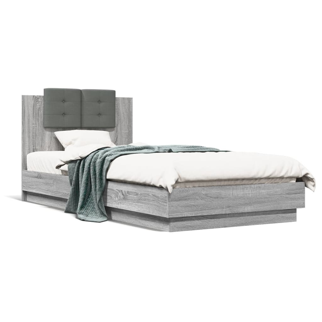 vidaXL Cadru de pat cu tăblie și lumini LED, gri sonoma, 90x200 cm