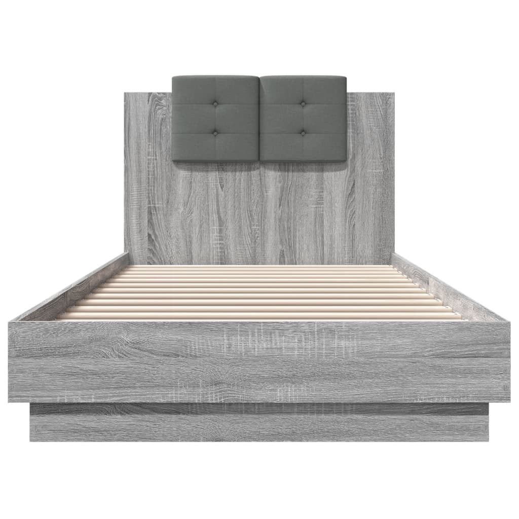 vidaXL Cadru de pat cu tăblie și lumini LED, gri sonoma, 90x200 cm