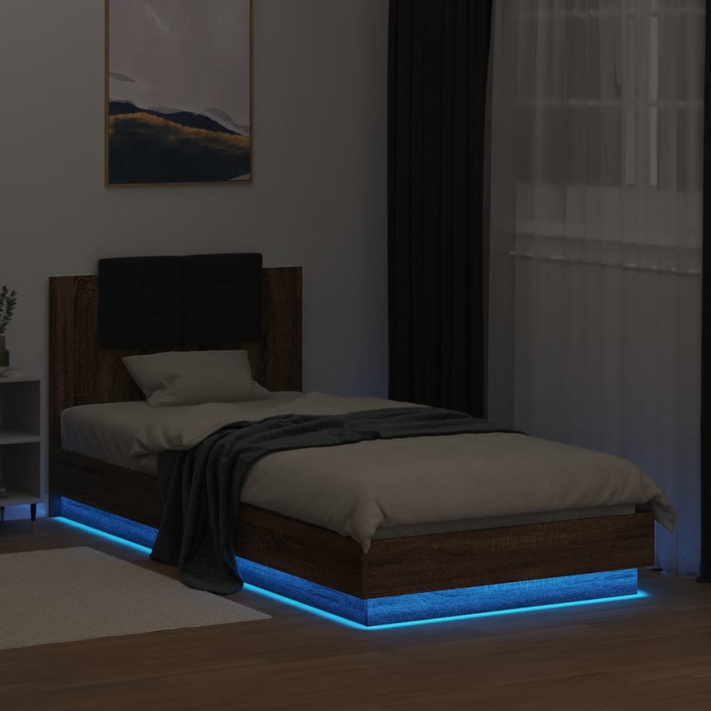 vidaXL Cadru de pat cu tăblie și lumini LED, stejar maro, 90x200 cm vidaXL Cadru de pat cu tăblie și lumini LED, stejar maro, 90x200 cm