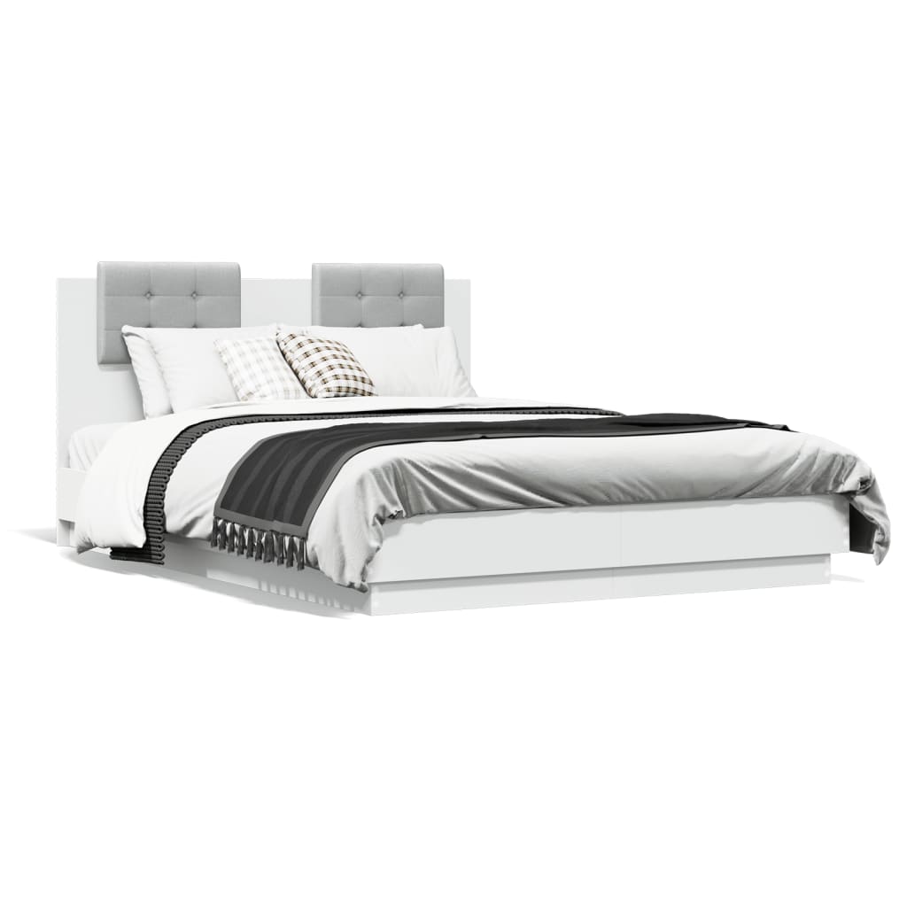 vidaXL Cadru de pat cu tăblie și lumini LED, alb, 140x190 cm