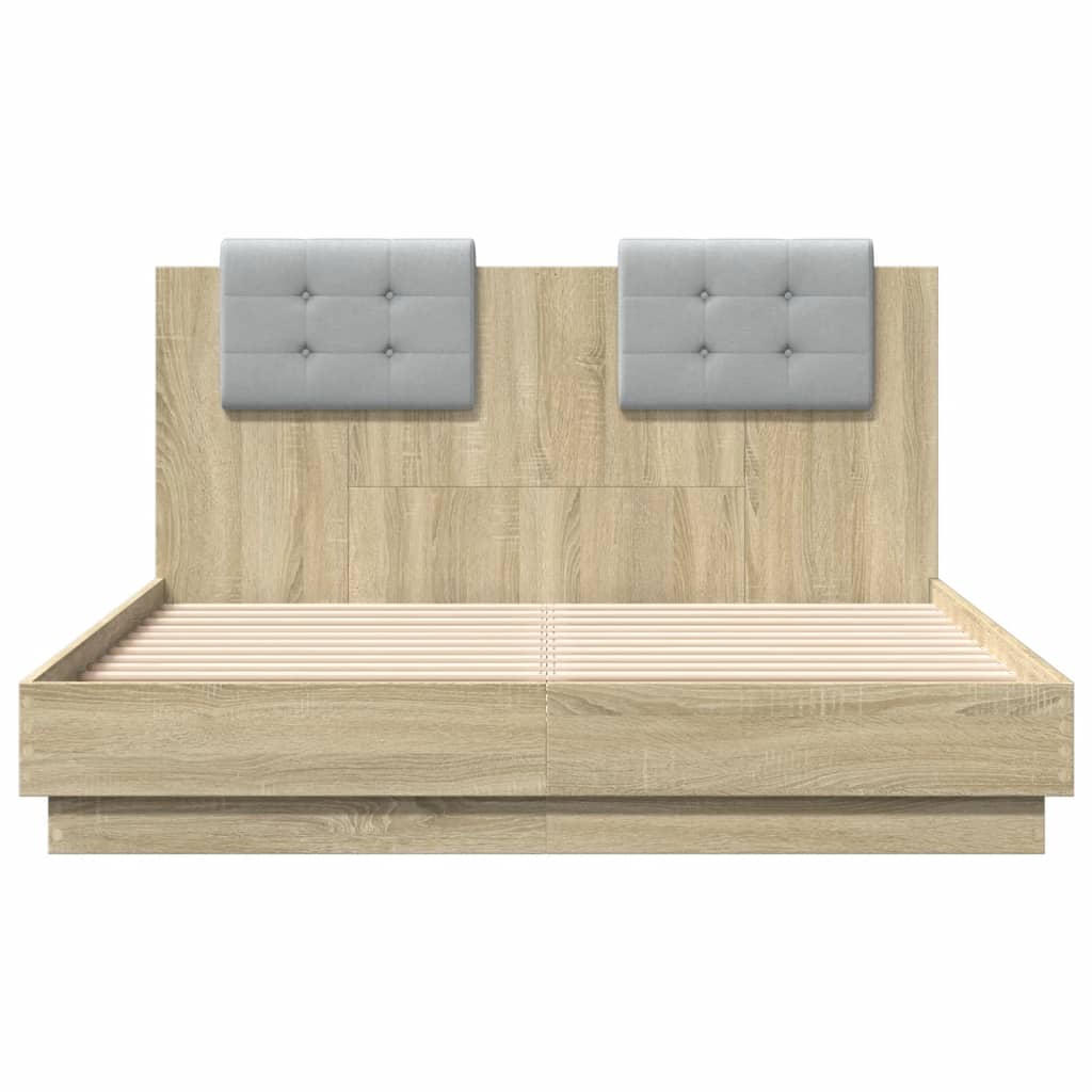 vidaXL Cadru de pat cu tăblie și lumini LED, stejar sonoma, 140x190 cm vidaXL Cadru de pat cu tăblie și lumini LED, stejar sonoma, 140x190 cm