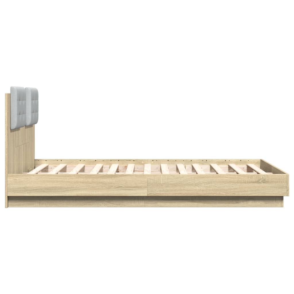 vidaXL Cadru de pat cu tăblie și lumini LED, stejar sonoma, 140x190 cm vidaXL Cadru de pat cu tăblie și lumini LED, stejar sonoma, 140x190 cm