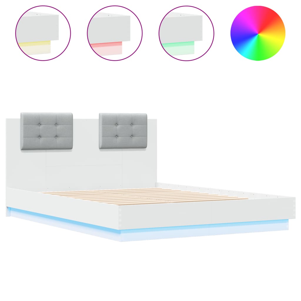 vidaXL Cadru de pat cu tăblie și lumini LED, alb, 135x190 cm vidaXL Cadru de pat cu tăblie și lumini LED, alb, 135x190 cm